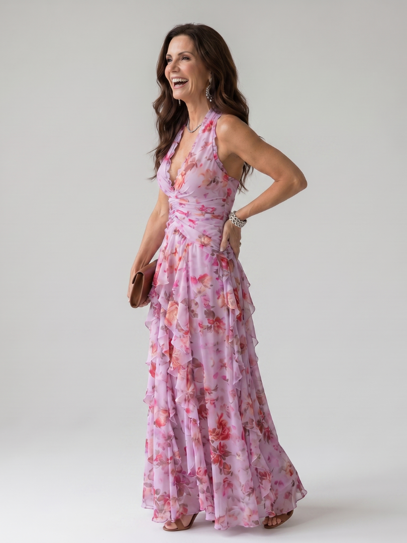 Teresa | Vestido Maxi Floral con Escote Halter y Cuerpo Fruncido