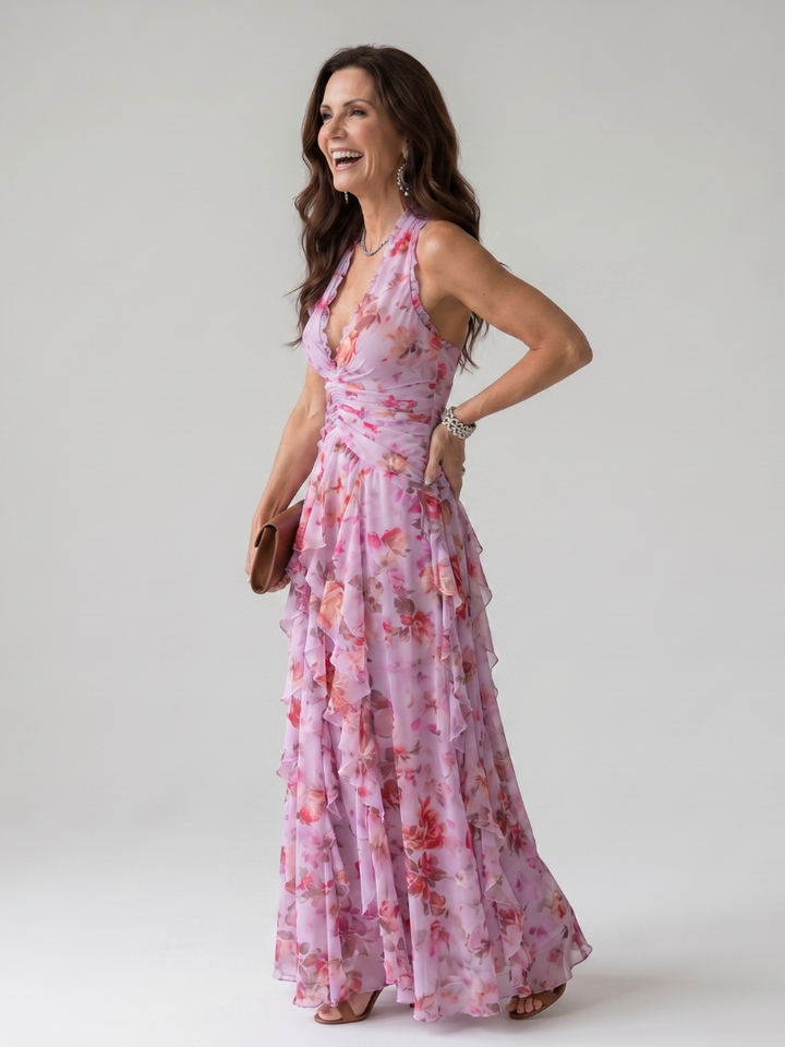 Teresa | Vestido Maxi Floral con Escote Halter y Cuerpo Fruncido