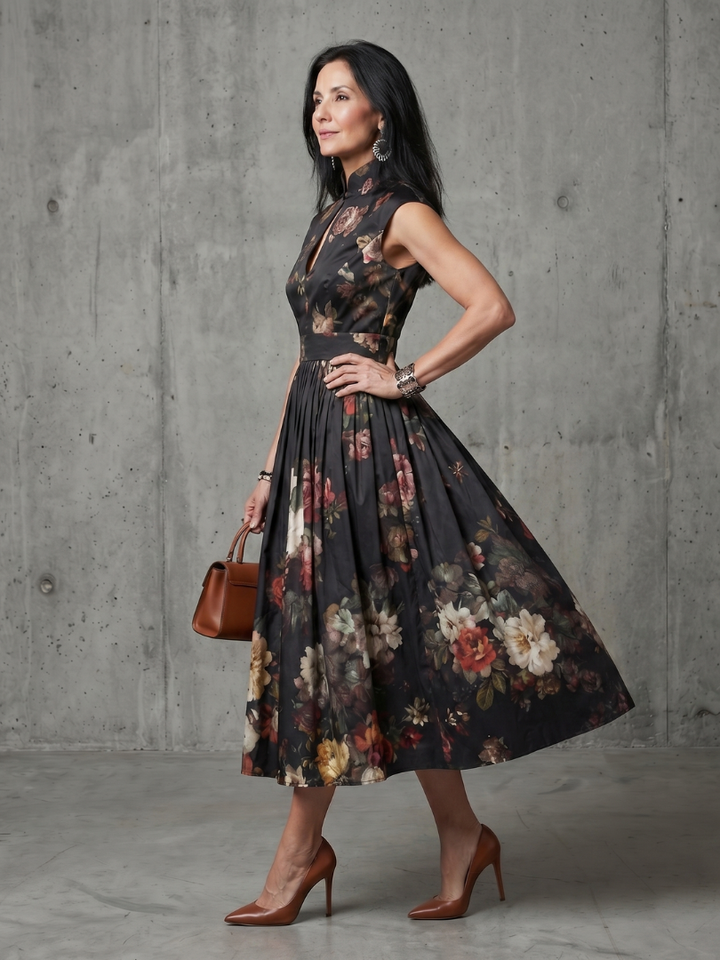 Paloma | Vestido Midi Plisado Floral con Cuello Alto y Abertura