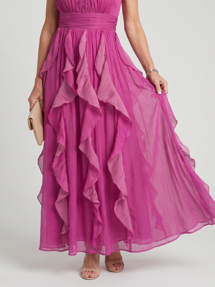 Jimena | Vestido Maxi con Cuello Alto y Volantes