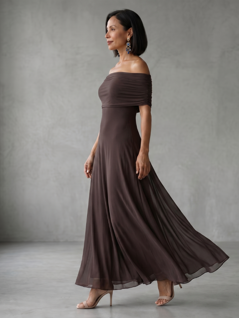Eugenia | Vestido Midi Drapado con Hombros Descubiertos