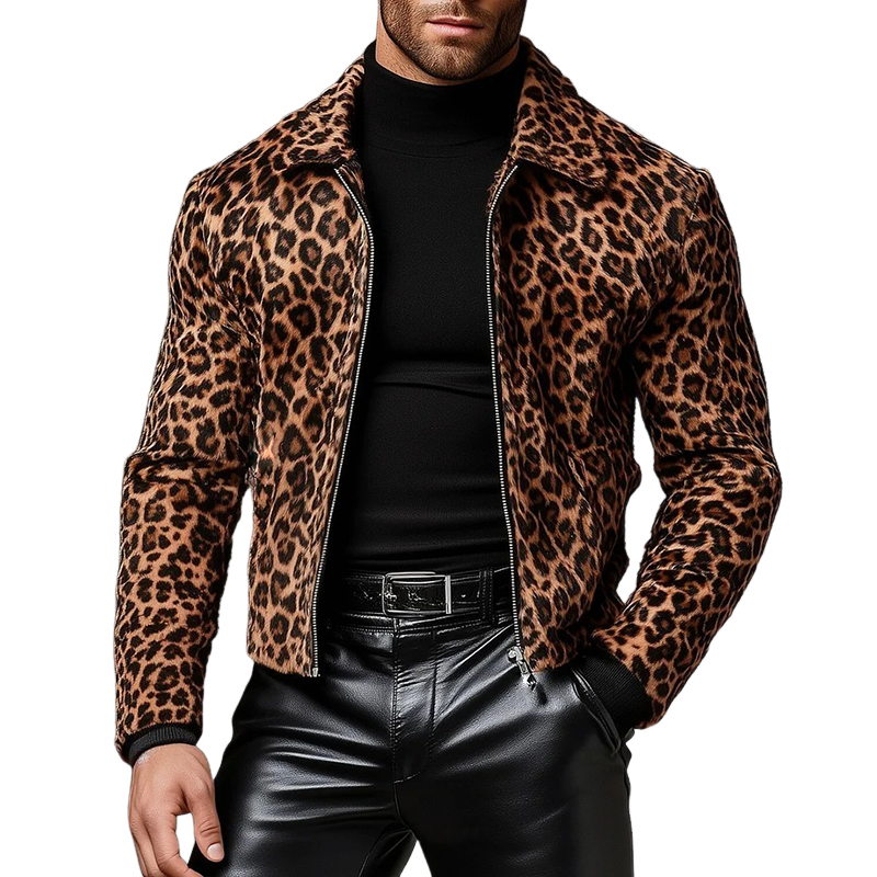 Men's Vintage-Inspired Leopard Print Faux Suede Zip-Up Jacket with Lapel - Model MTA1173K6TO