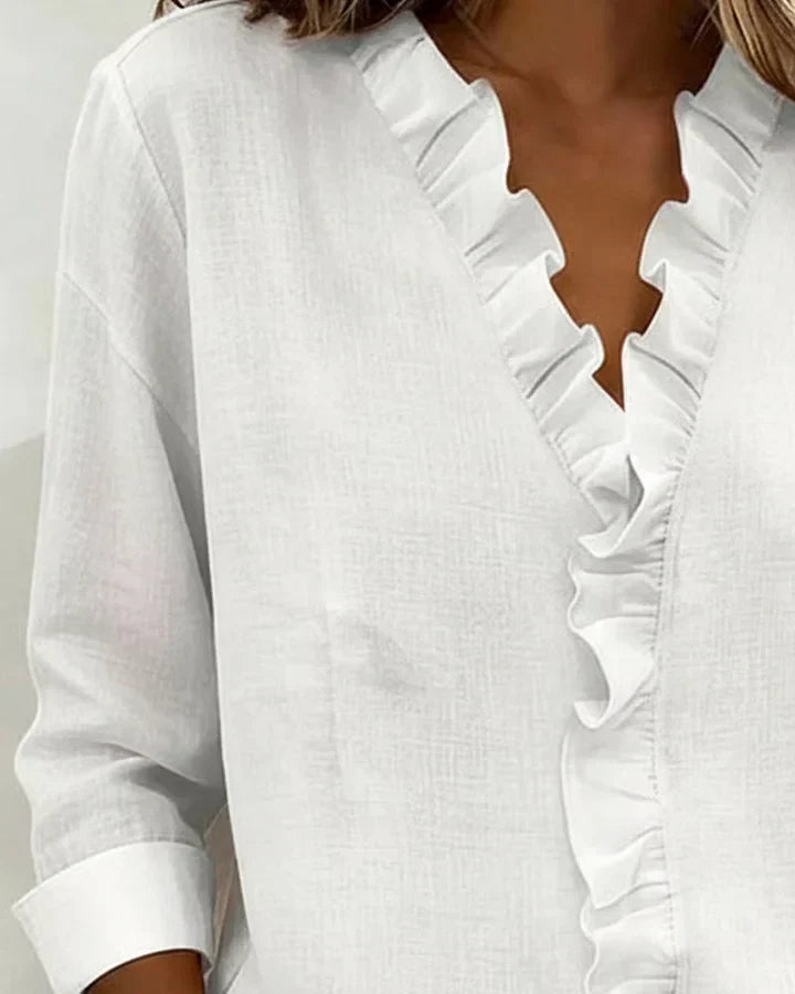 Vera | Blusa con Volantes, Escote en V y Mangas Largas