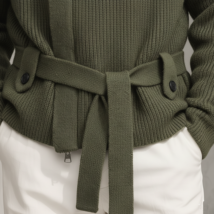 Cárdigan de punto clásico informal para hombre con cremallera, cuello alto y cinturón