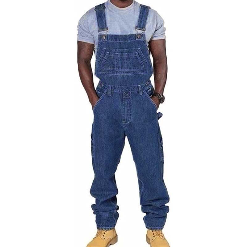 Men's Relaxed Fit Washed Denim Multi-Pocket Overalls