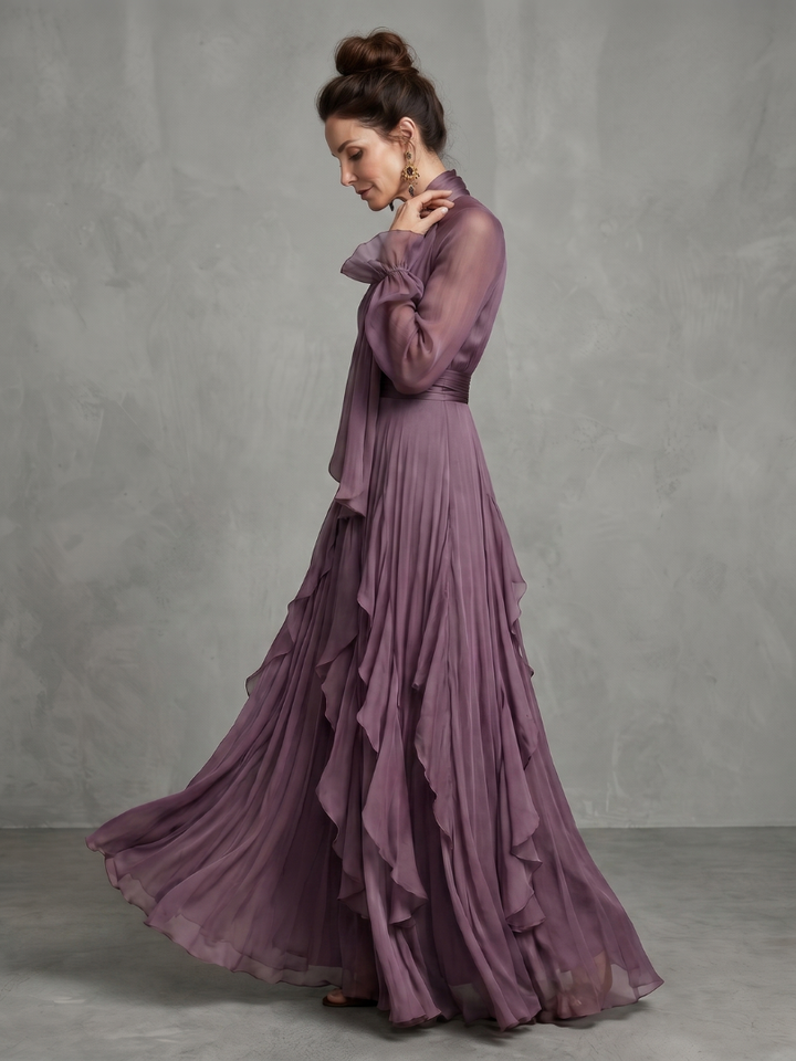 Gabriela | Vestido Maxí Ruffle con Cuello de Lazo