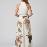 Almudena | Vestido Maxi Con Panel Botánico y Cuello Halter Drapado