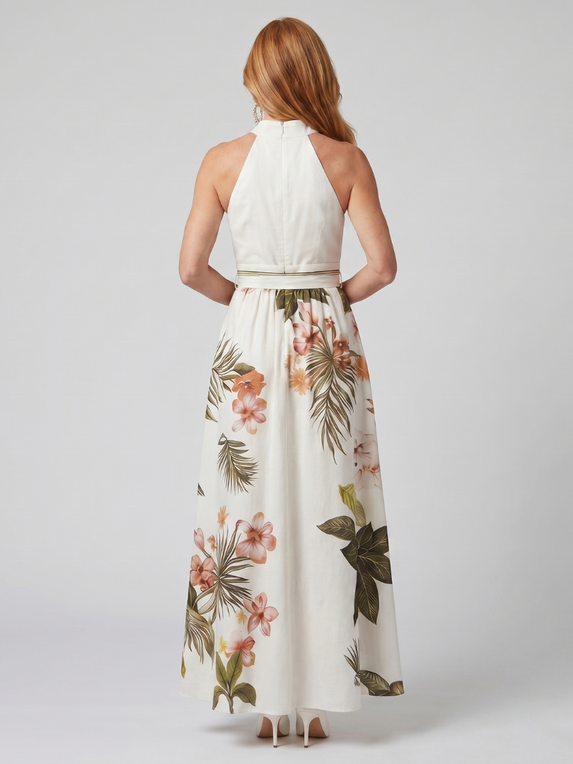Almudena | Vestido Maxi Con Panel Botánico y Cuello Halter Drapado