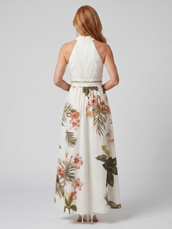 Almudena | Vestido Maxi Con Panel Botánico y Cuello Halter Drapado