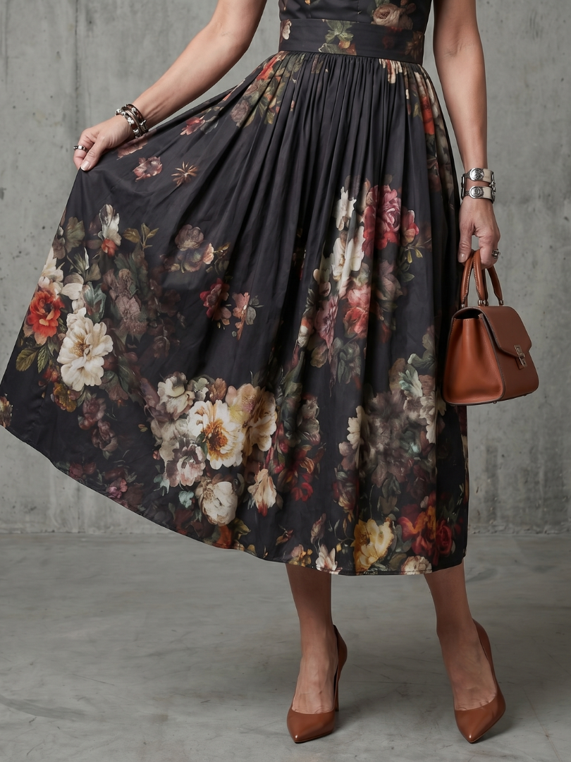 Paloma | Vestido Midi Plisado Floral con Cuello Alto y Abertura