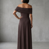 Eugenia | Vestido Midi Drapado con Hombros Descubiertos