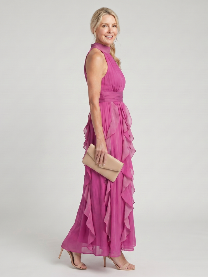 Jimena | Vestido Maxi con Cuello Alto y Volantes
