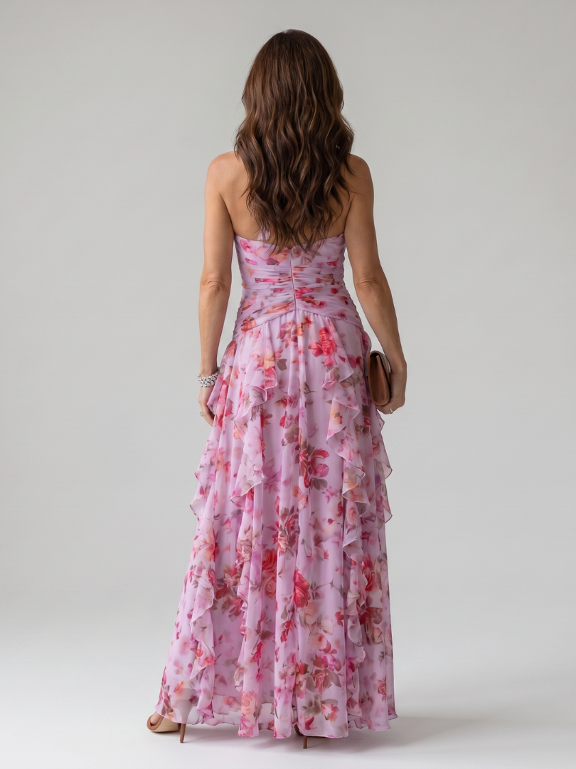 Teresa | Vestido Maxi Floral con Escote Halter y Cuerpo Fruncido