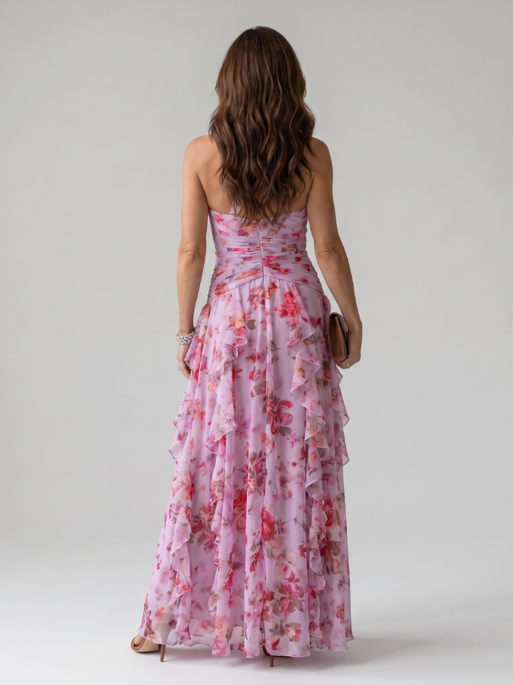 Teresa | Vestido Maxi Floral con Escote Halter y Cuerpo Fruncido