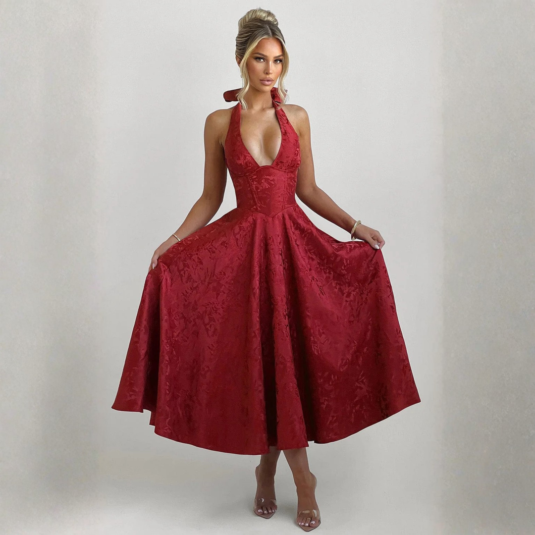 ZIORA™ - Stylish Sleeveless A-Line Halter Maxi Dress with Open Back
