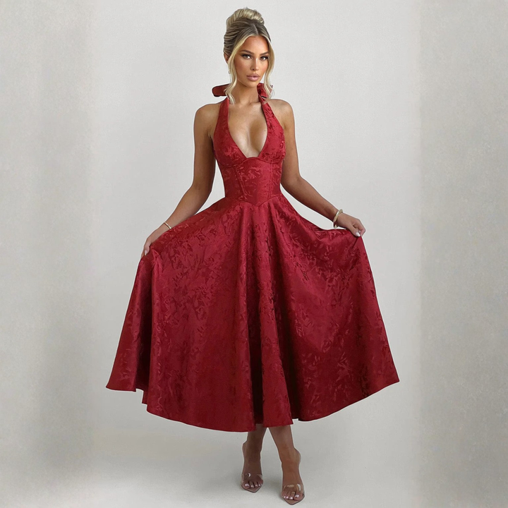 ZIORA™ - Stylish Sleeveless A-Line Halter Maxi Dress with Open Back