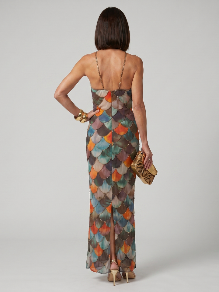 Catalina | Vestido Maxi de Patrón Escala Multicolor Ajustado