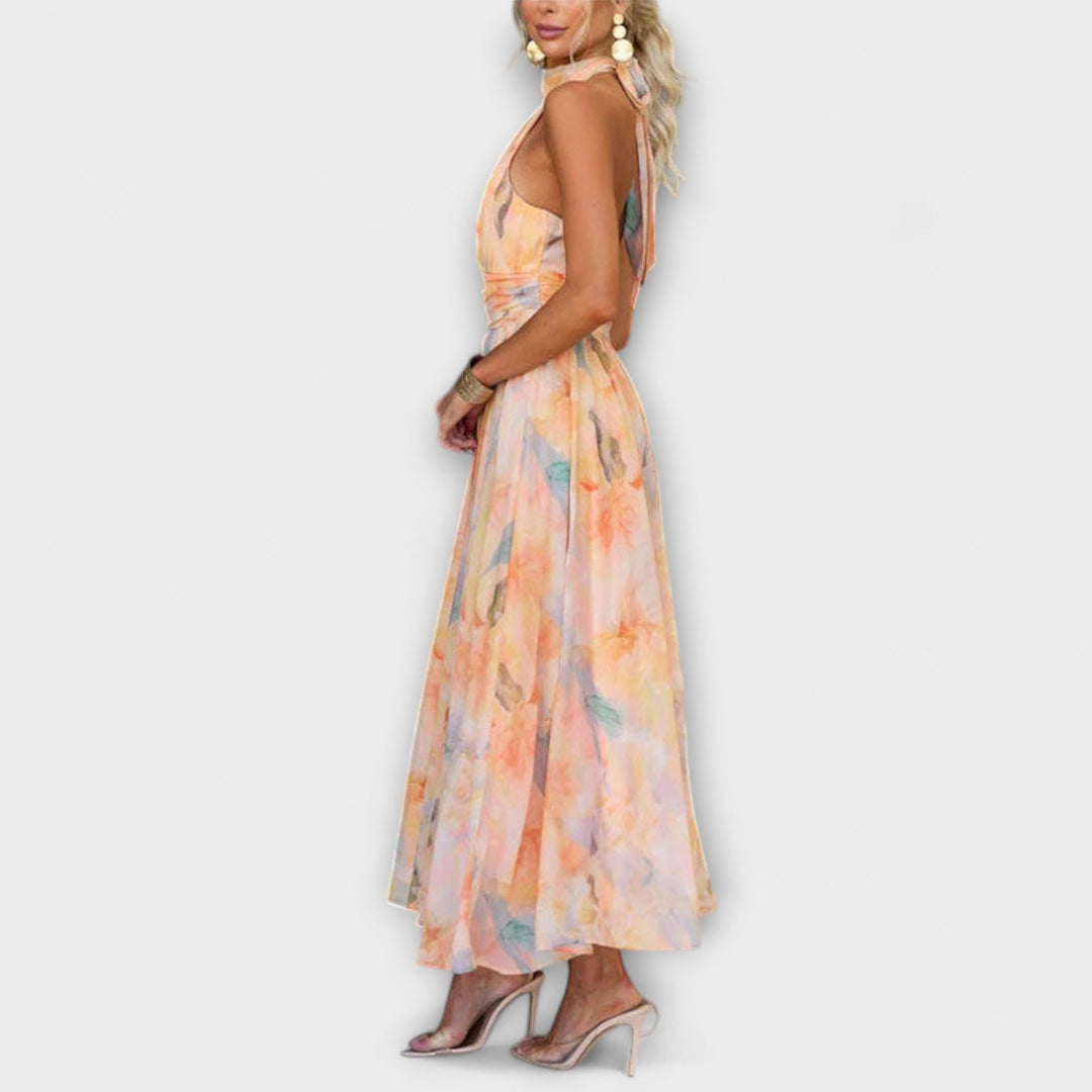 Vestido Maxi Fluido Acuarela con Espalda Abierta