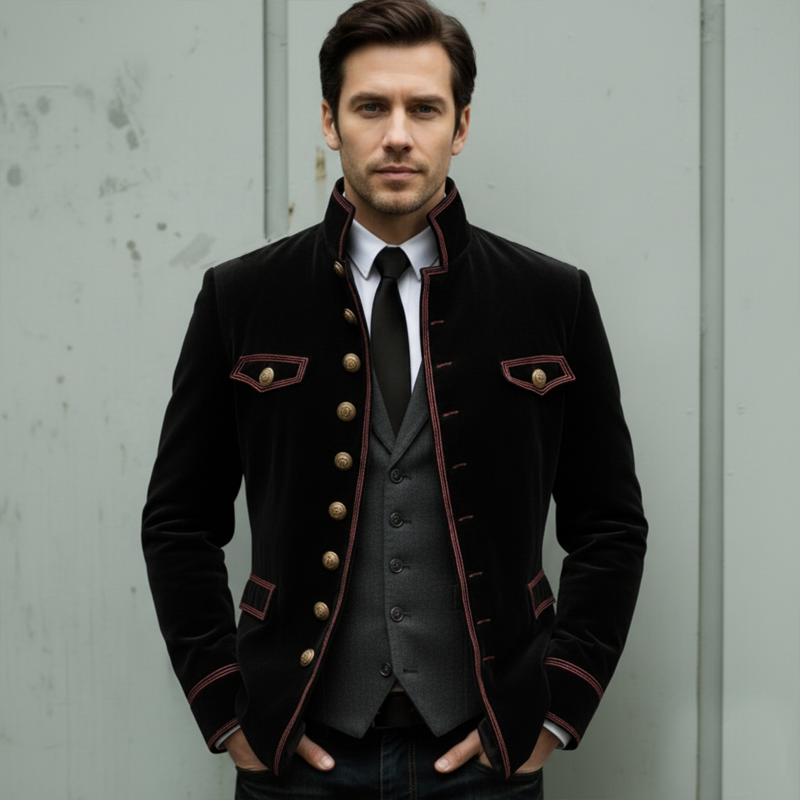 Men's Slim-Fit Vintage Velvet Jacket with Stand Collar and Multi-Button Embroidery - MTA1188K3U