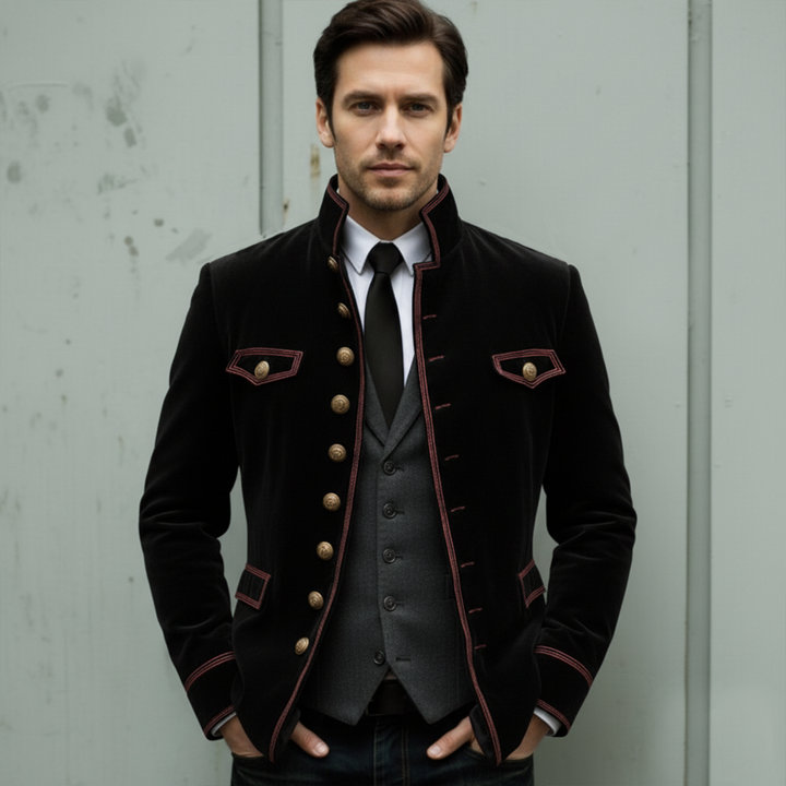 Men's Slim-Fit Vintage Velvet Jacket with Stand Collar and Multi-Button Embroidery - MTA1188K3U