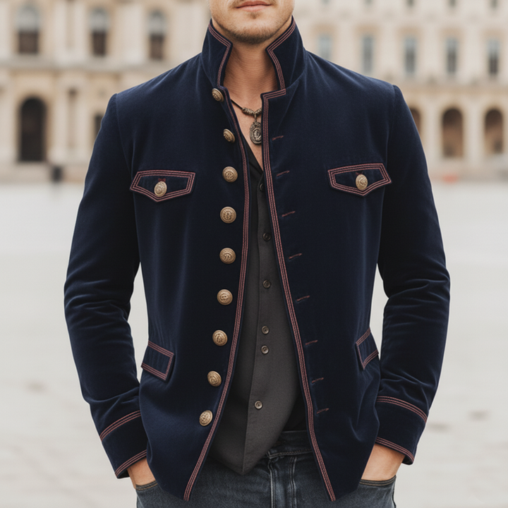 Men's Slim-Fit Vintage Velvet Jacket with Stand Collar and Multi-Button Embroidery - MTA1188K3U
