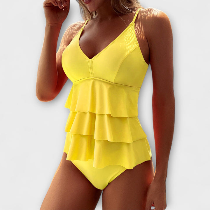 Tankini coral con volantes y culote para mujer