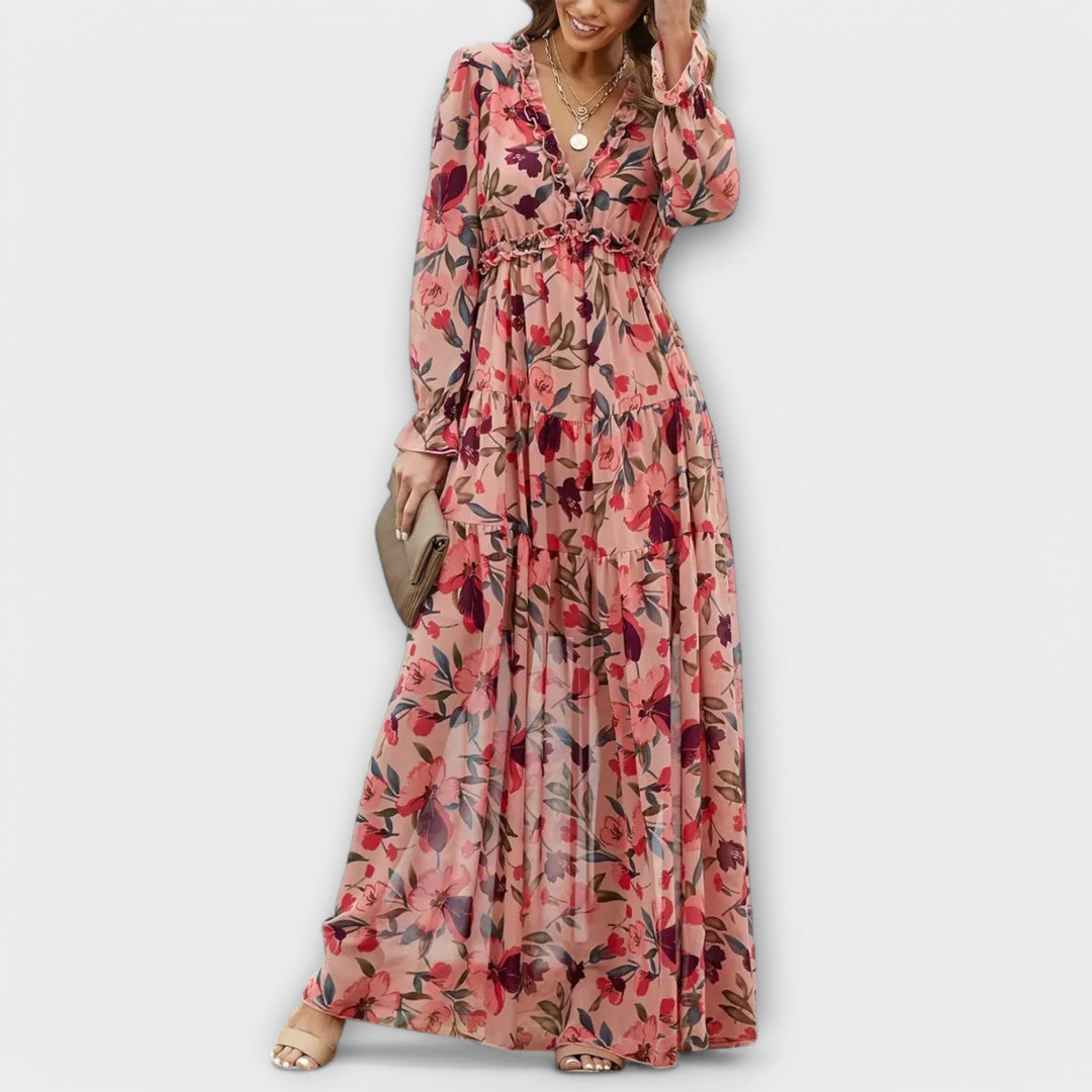 Vestido Maxi Floral Elegante de Manga Larga