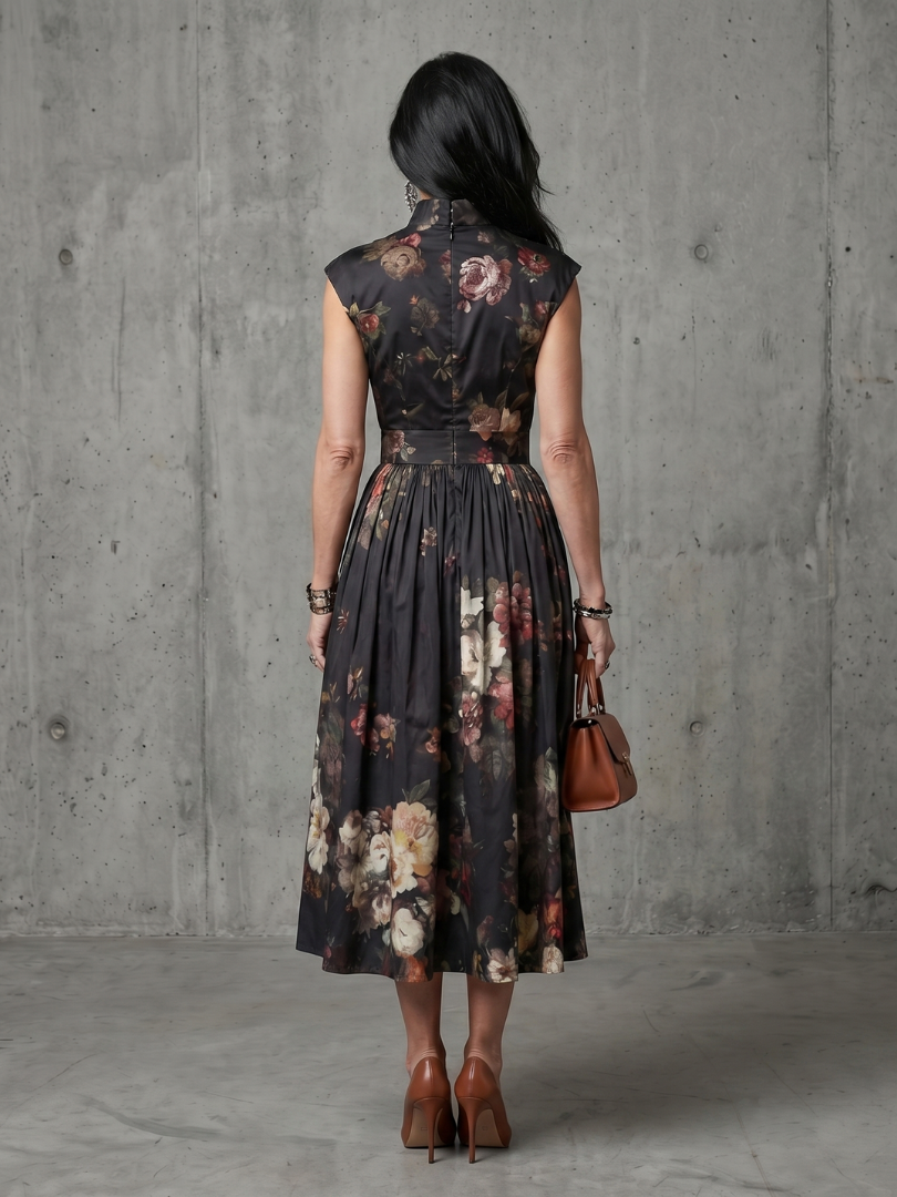 Paloma | Vestido Midi Plisado Floral con Cuello Alto y Abertura