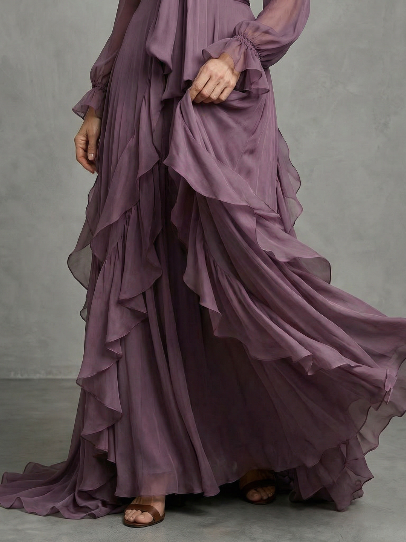 Gabriela | Vestido Maxí Ruffle con Cuello de Lazo