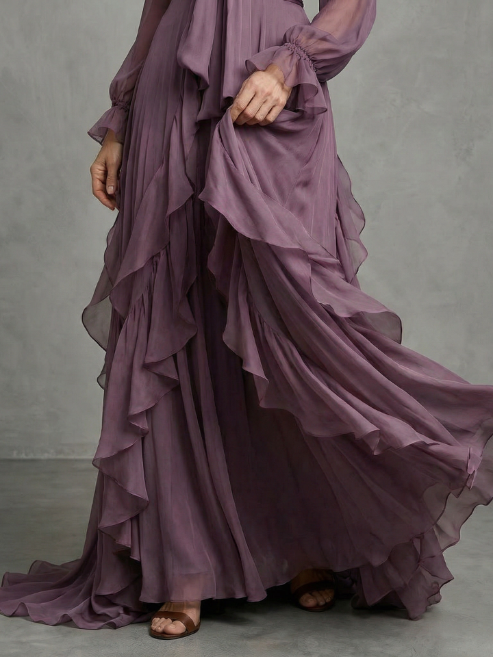 Gabriela | Vestido Maxí Ruffle con Cuello de Lazo