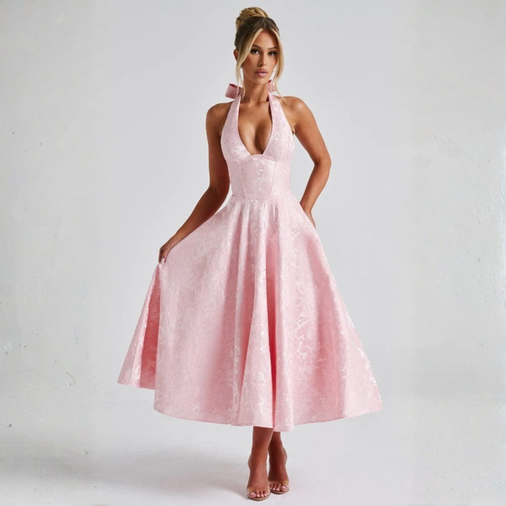 ZIORA™ - Stylish Sleeveless A-Line Halter Maxi Dress with Open Back