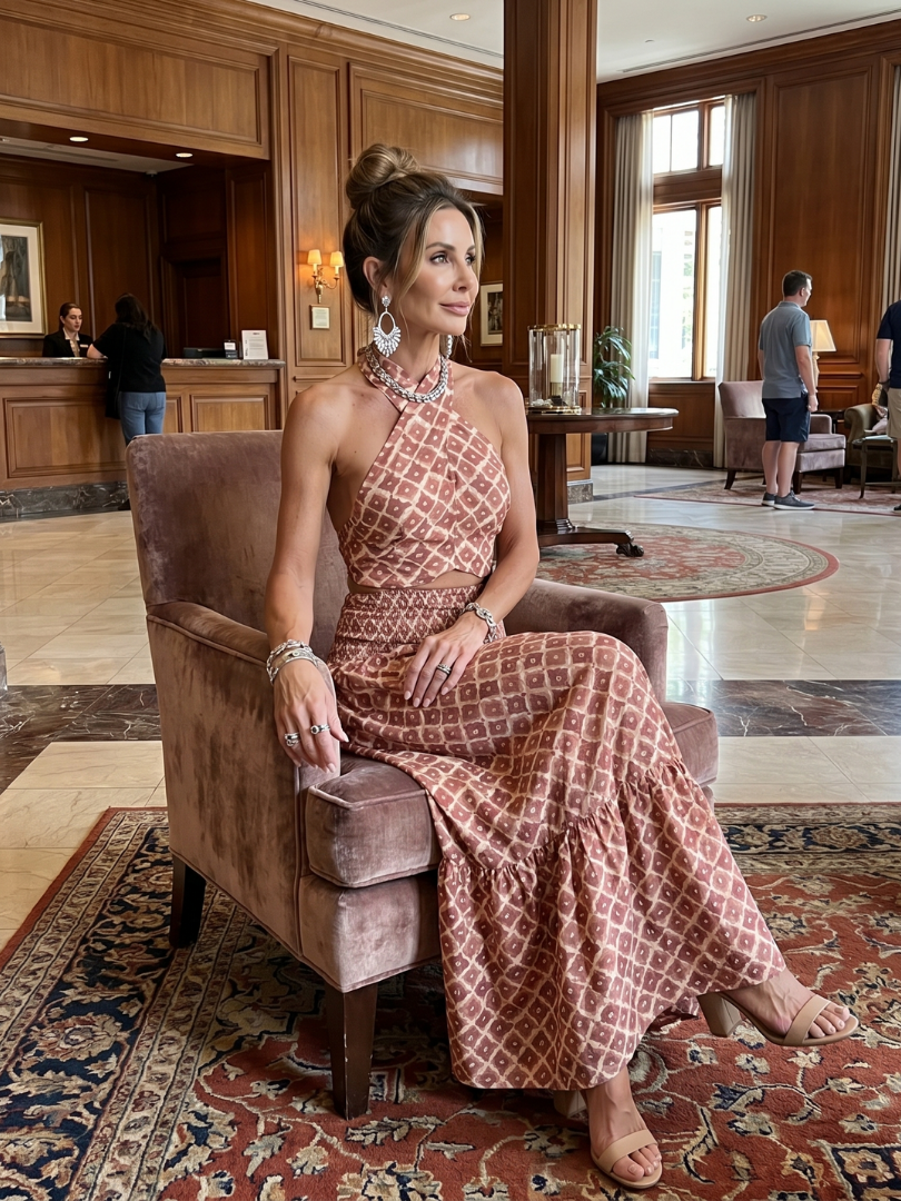 Amira | Vestido Midi Cortado con Estampado Geométrico y Cuello Halter Cruzado