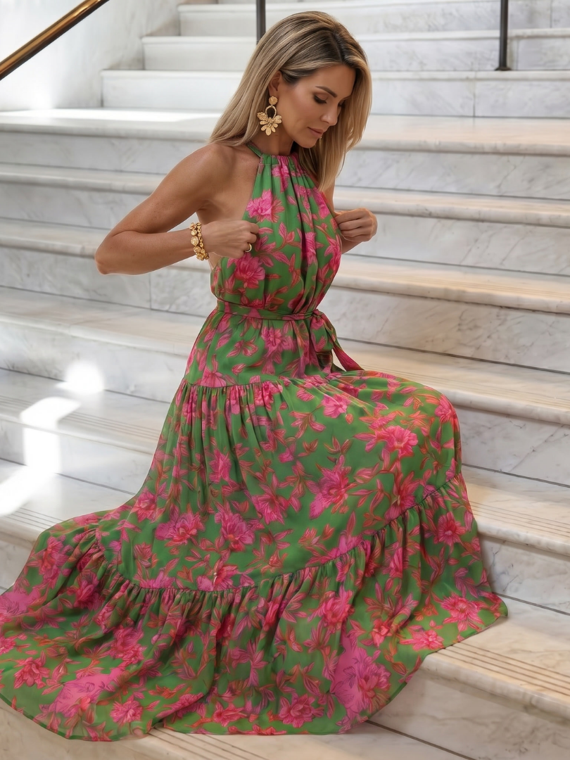 Clara | Vestido Midi con Cuello Halter Drapado