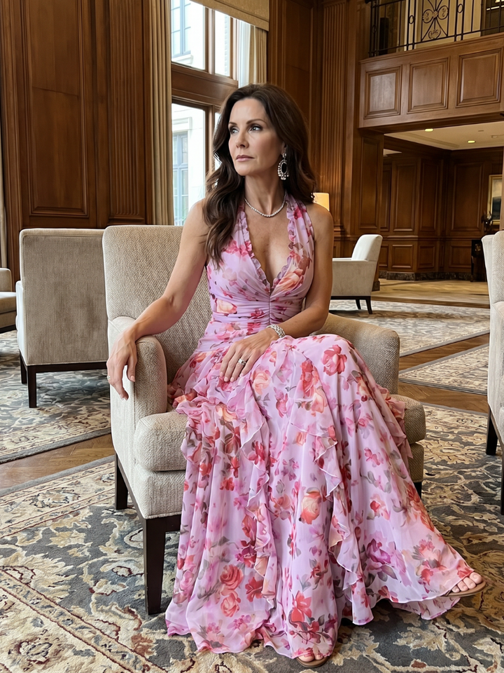 Teresa | Vestido Maxi Floral con Escote Halter y Cuerpo Fruncido