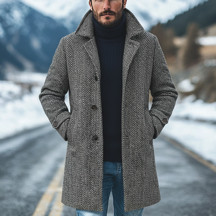Men's Mid-Length Herringbone Blend Lapel Coat - Model MTA0605K1X
