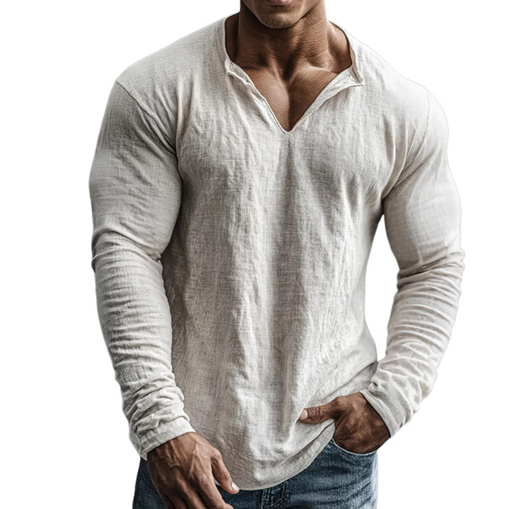 Men's Vintage-Inspired V-Neck Long Sleeve Cotton Linen Shirt - MTZ1901A5TO