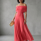 Eugenia | Vestido Midi Drapado con Hombros Descubiertos