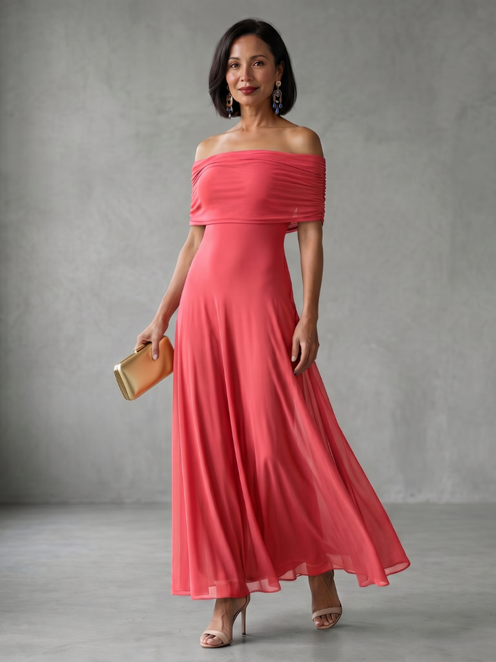 Eugenia | Vestido Midi Drapado con Hombros Descubiertos