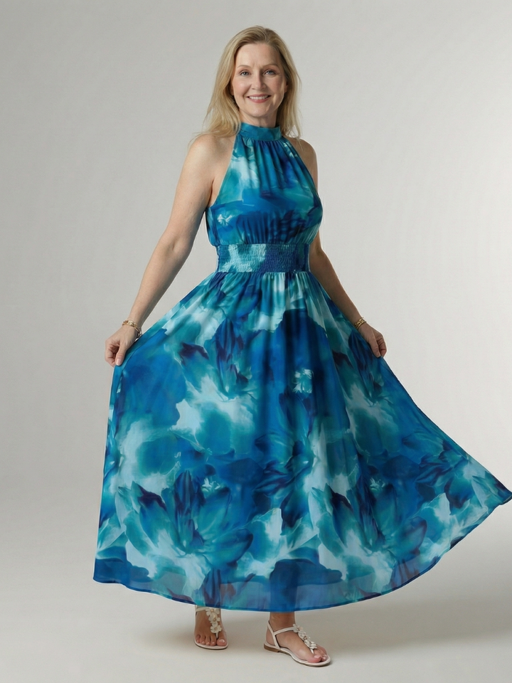 Constanza | Vestido Midi con Cuello Halter Fruncido