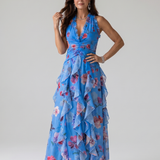 Teresa | Vestido Maxi Floral con Escote Halter y Cuerpo Fruncido