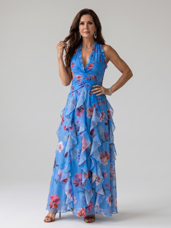 Teresa | Vestido Maxi Floral con Escote Halter y Cuerpo Fruncido