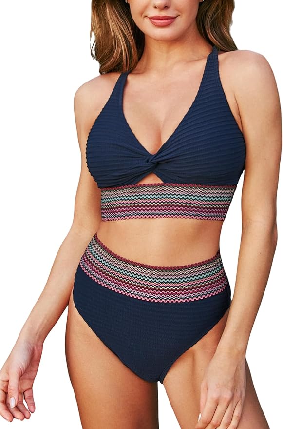 Bikini de talle alto con banda de color y escote en V para mujer