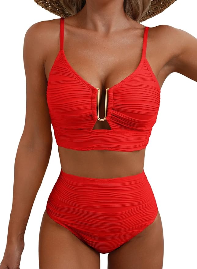 Bikini de talle alto reductor con cremallera dorada en el pecho para mujer