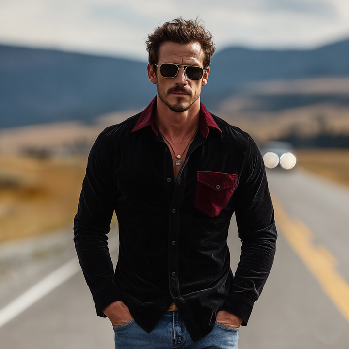 Men's Vintage-Inspired Long Sleeve Faux Velvet Shirt - Classic Style MTA2065L9K