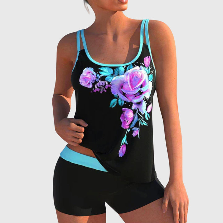 Tankini negro con estampado floral para mujer