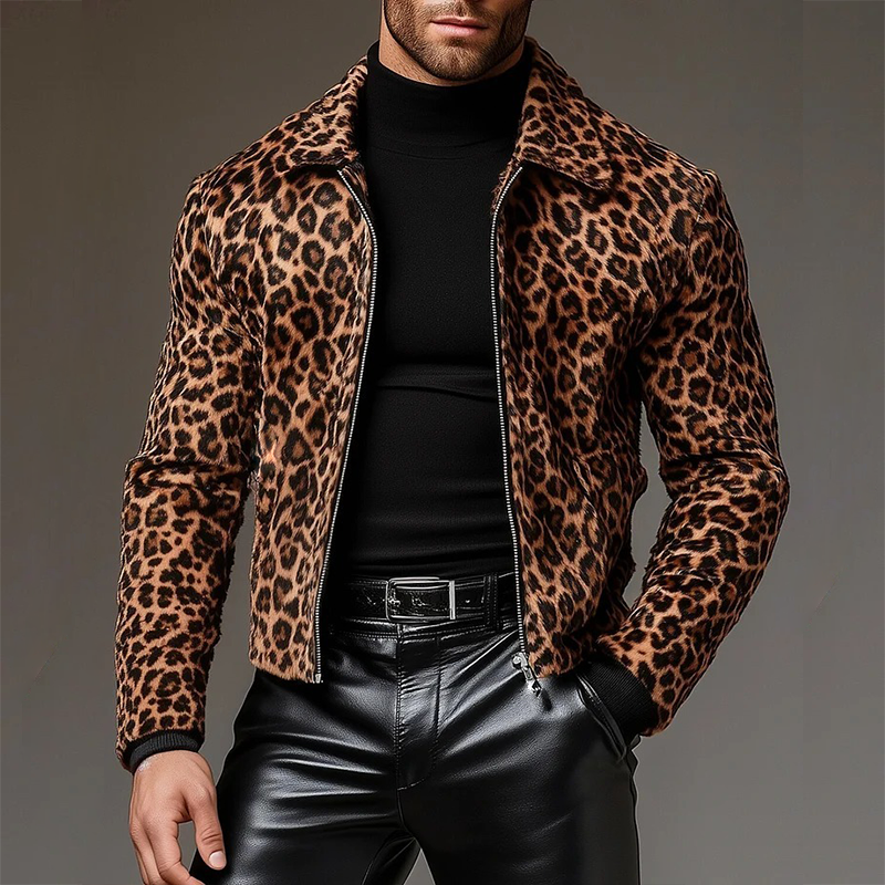 Men's Vintage-Inspired Leopard Print Faux Suede Zip-Up Jacket with Lapel - Model MTA1173K6TO