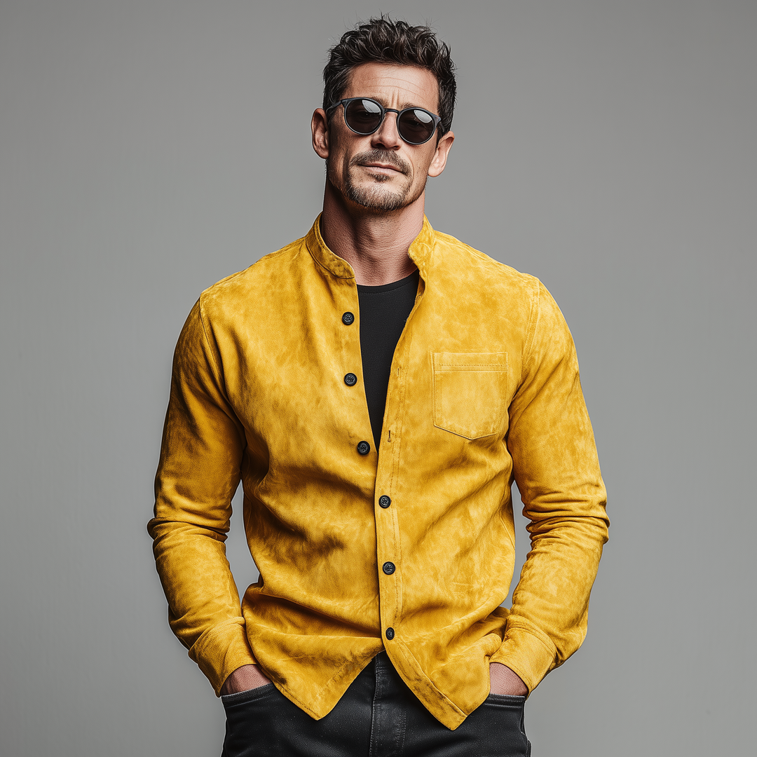 Men's Classic Casual Long-Sleeve Stand-Collar Faux Suede Shirt - MTA2492L8K