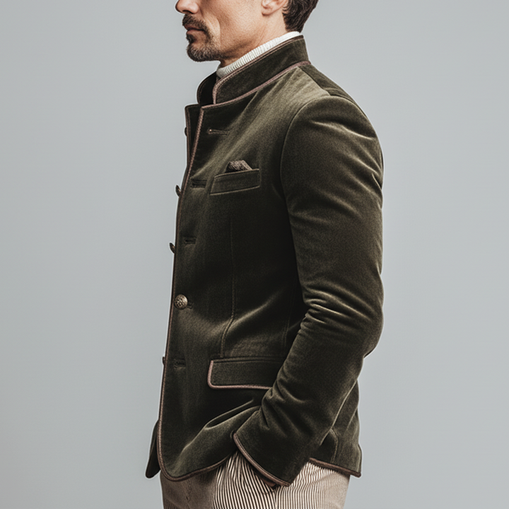 Men's Slim-Fit Vintage Velvet Jacket with Embroidered Lines and Stand Collar - MTA2262L3U