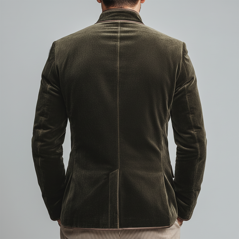 Men's Slim-Fit Vintage Velvet Jacket with Embroidered Lines and Stand Collar - MTA2262L3U