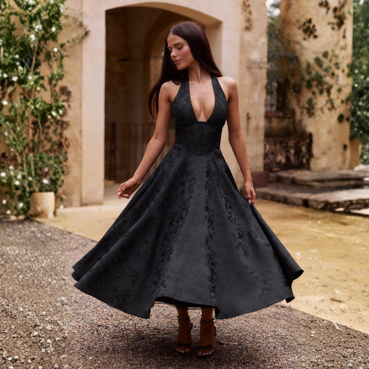 ZIORA™ - Stylish Sleeveless A-Line Halter Maxi Dress with Open Back
